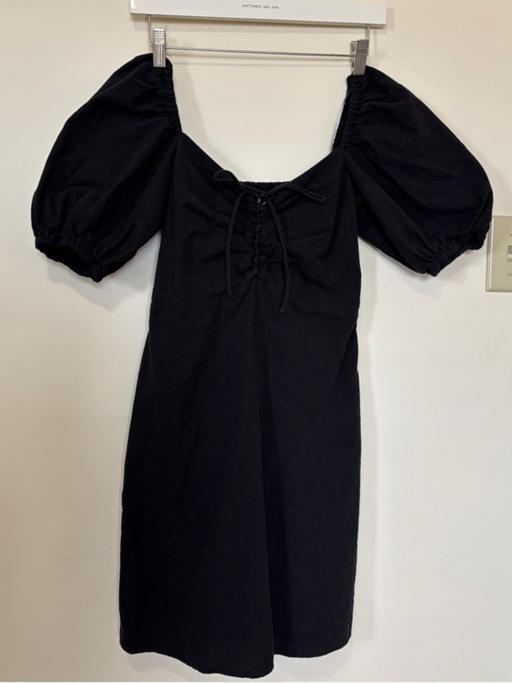 Black Linen Blend Puff-Sleeve Lace-Up Mini Dress
